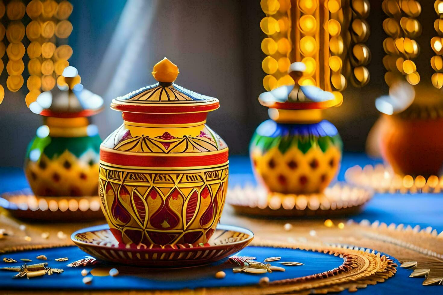 colorful vases on a table with lights. AI-Generated photo