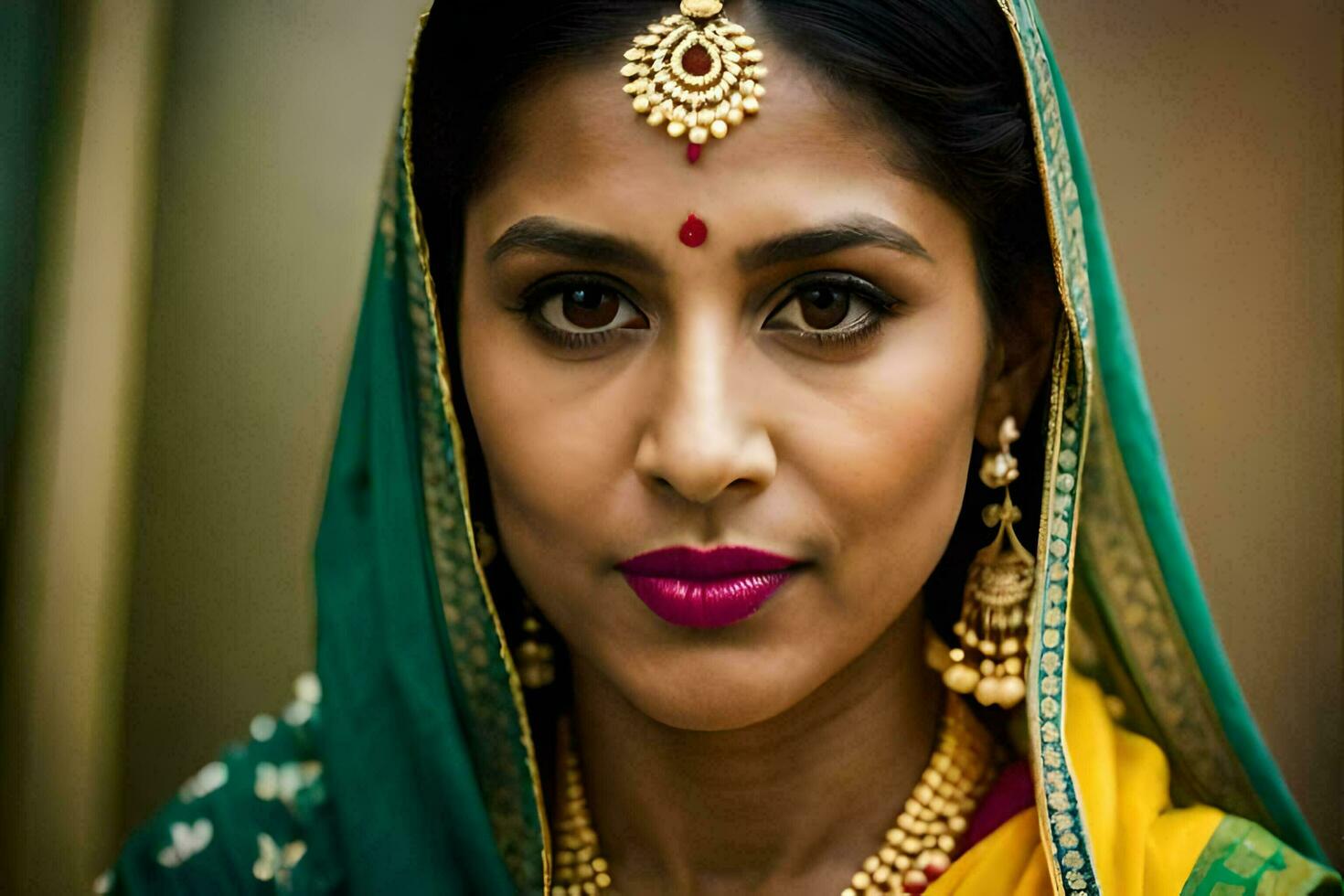 a woman wearing a traditional sari and jewelry. AI-Generated photo