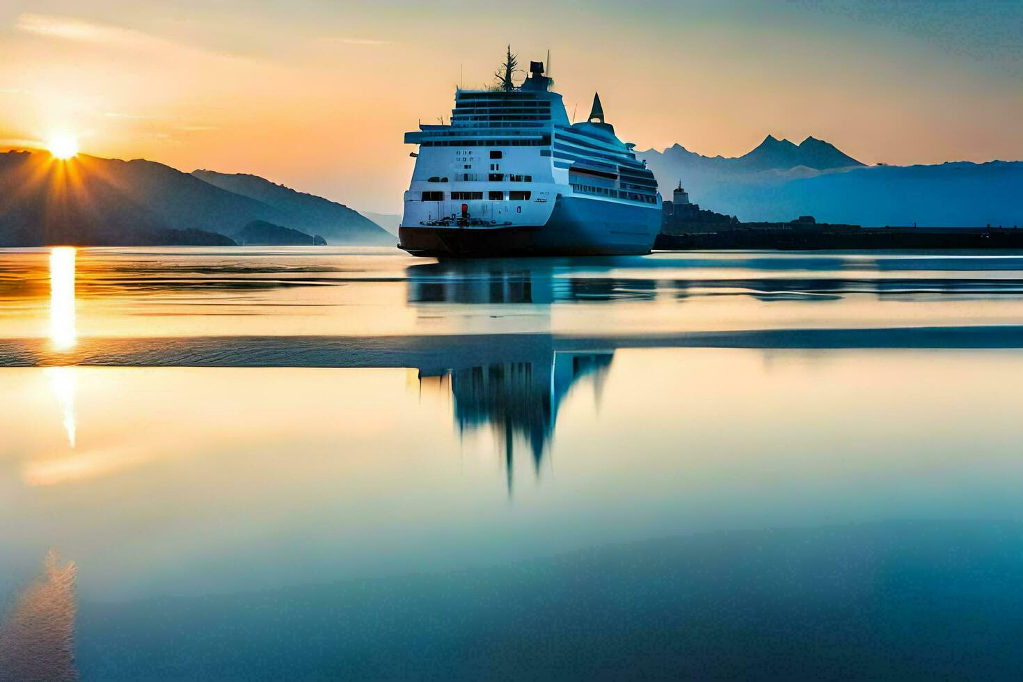 a cruise ship in the ocean at sunset. AI-Generated photo