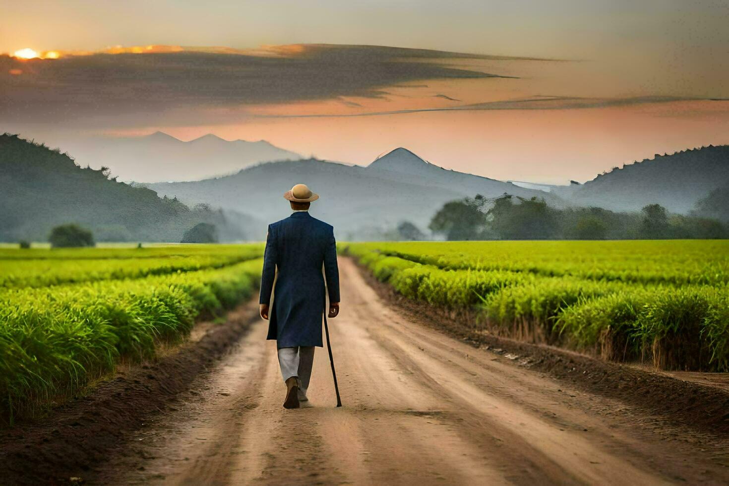 a man walking down a dirt road in a field. AI-Generated photo