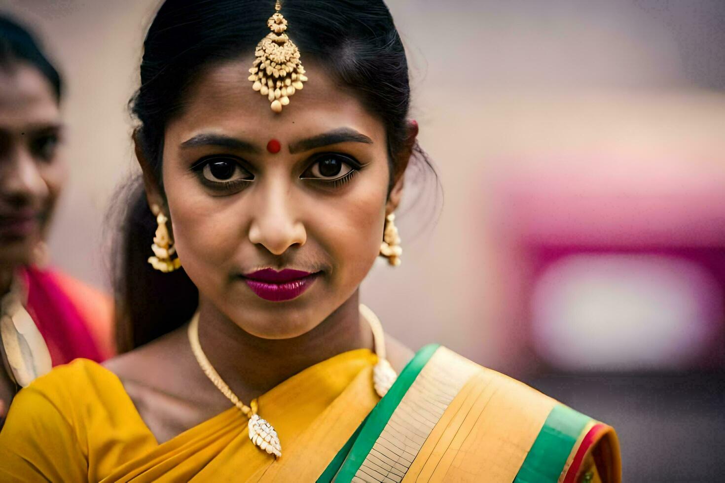 a woman in a yellow sari with gold jewelry. AI-Generated photo