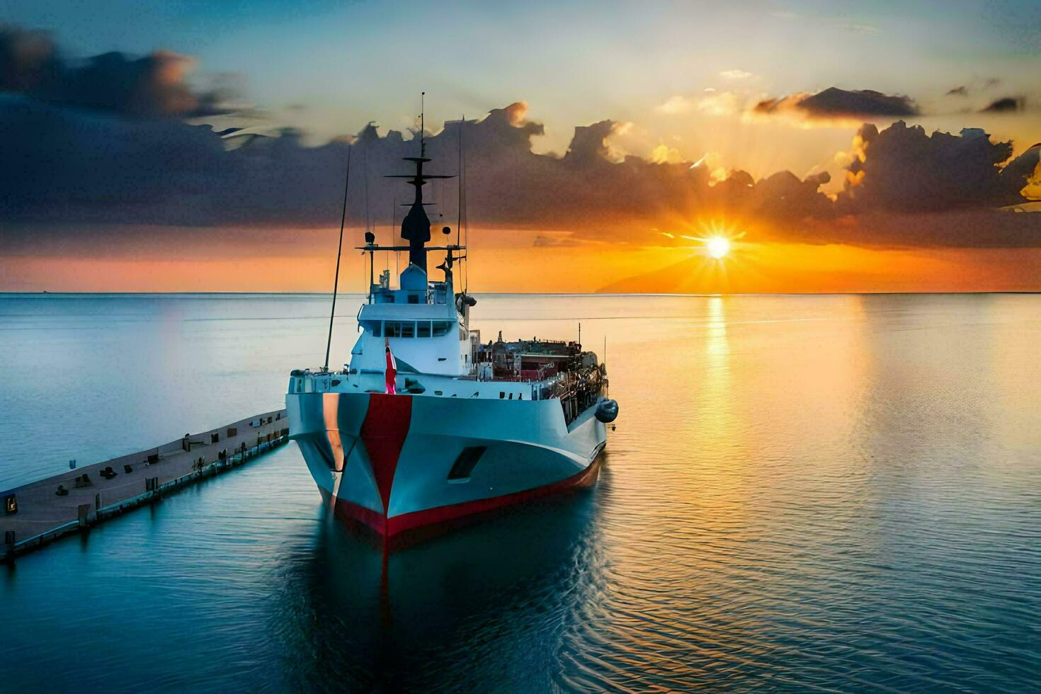 a boat docked at sunset in the ocean. AI-Generated photo