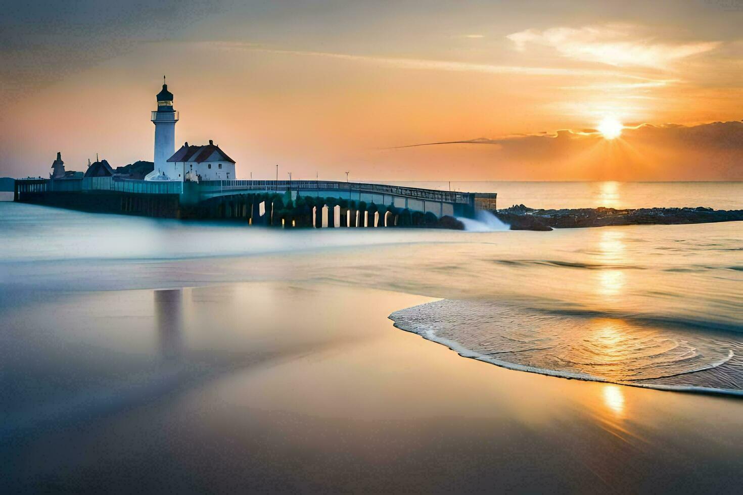 the sun sets over a lighthouse on the beach. AI-Generated photo