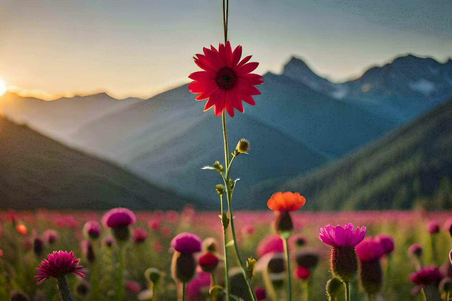 photo wallpaper the sky, flowers, mountains, flowers, the sun, flowers, the mountains,. AI-Generated