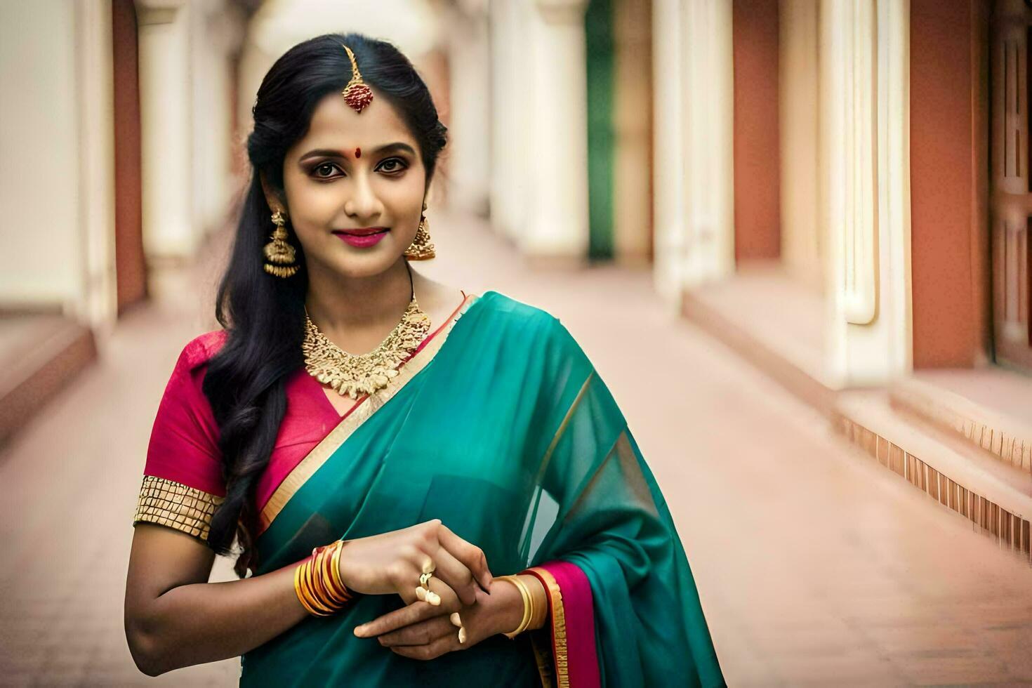a beautiful woman in a sari and gold jewelry. AI-Generated photo