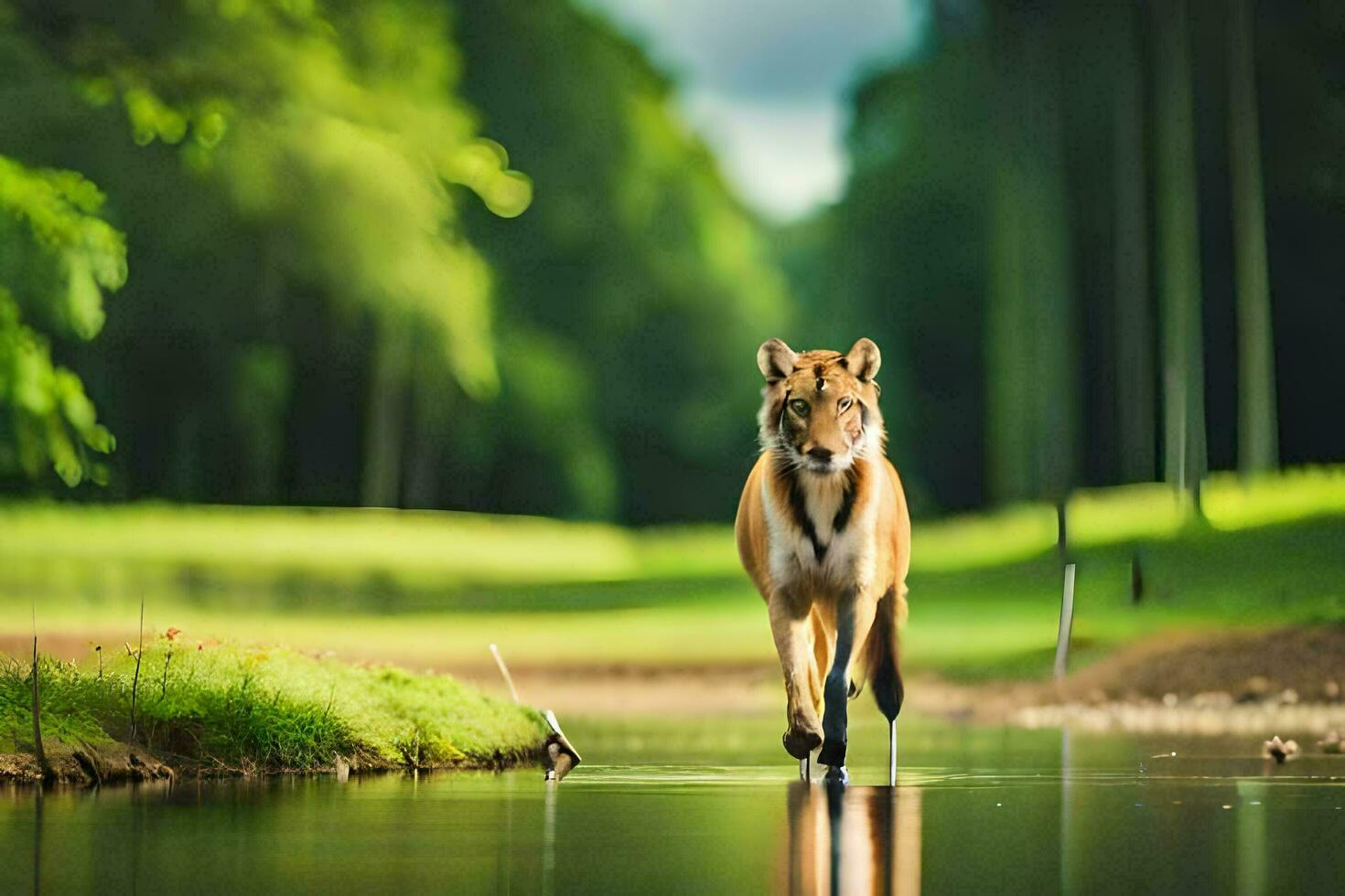 a wolf walking across a pond in the middle of a forest. AI-Generated photo