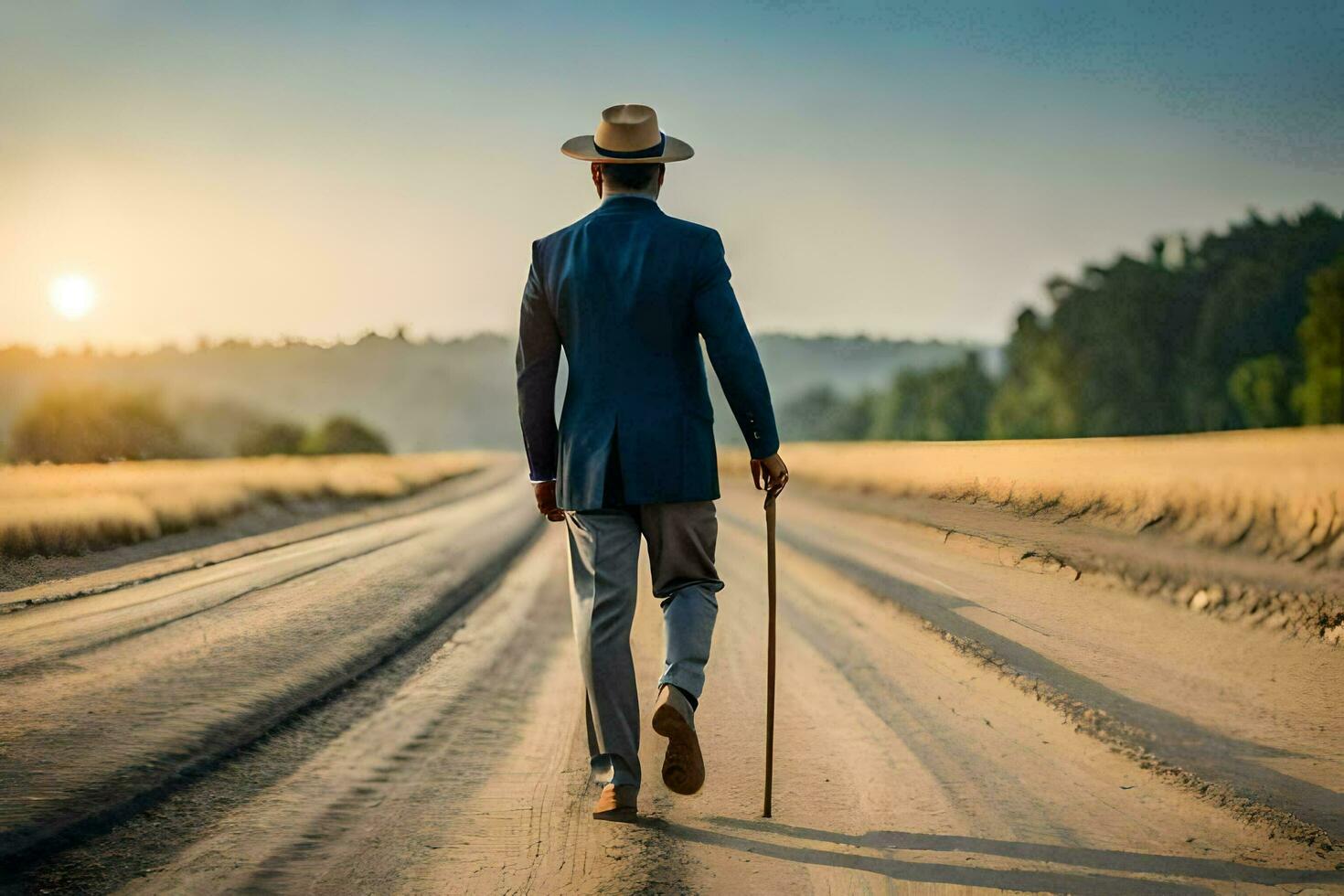 un hombre en un traje y sombrero caminando abajo un suciedad la carretera. generado por ai foto