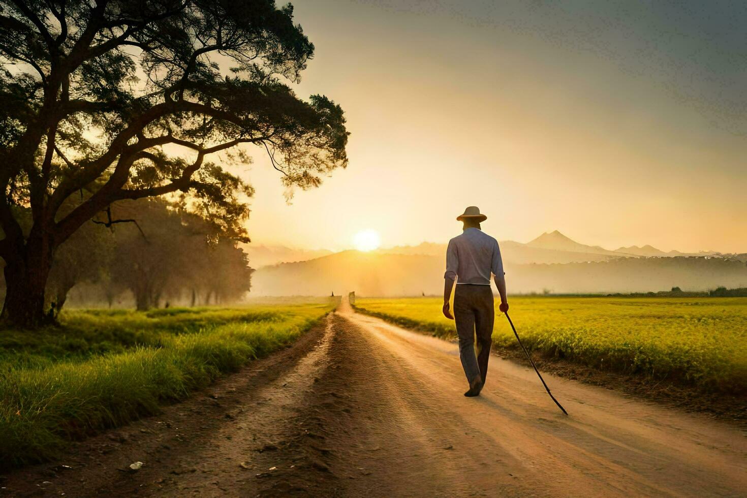 a man walking down a dirt road with a cane. AI-Generated photo
