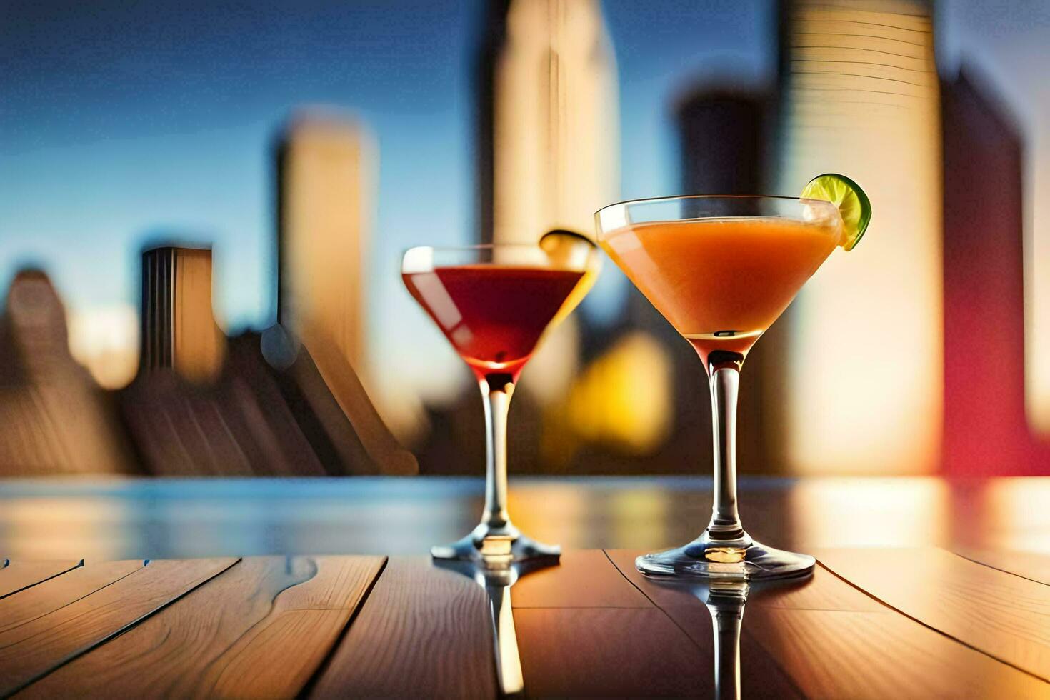 two cocktails on a table in front of a city skyline. AI-Generated photo