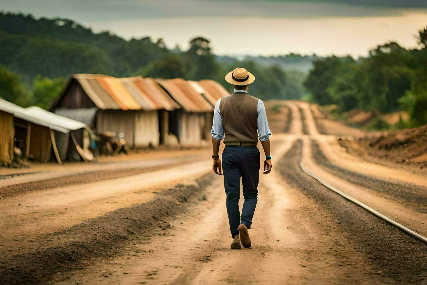 un hombre en un sombrero camina abajo un suciedad la carretera. generado por ai foto