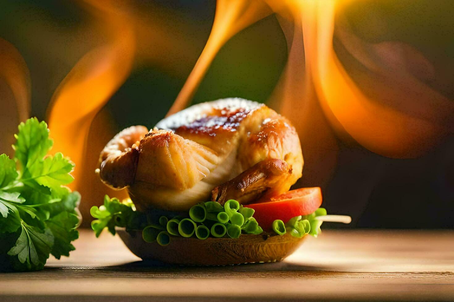 a chicken is sitting on a plate with a fire. AI-Generated photo