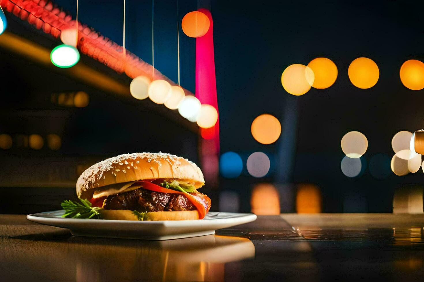 a hamburger on a plate with lights in the background. AI-Generated photo