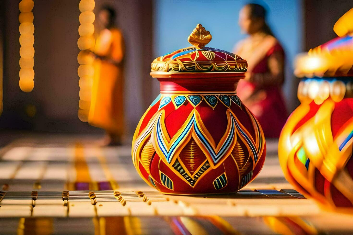 colorful vases on a table with people in the background. AI-Generated photo