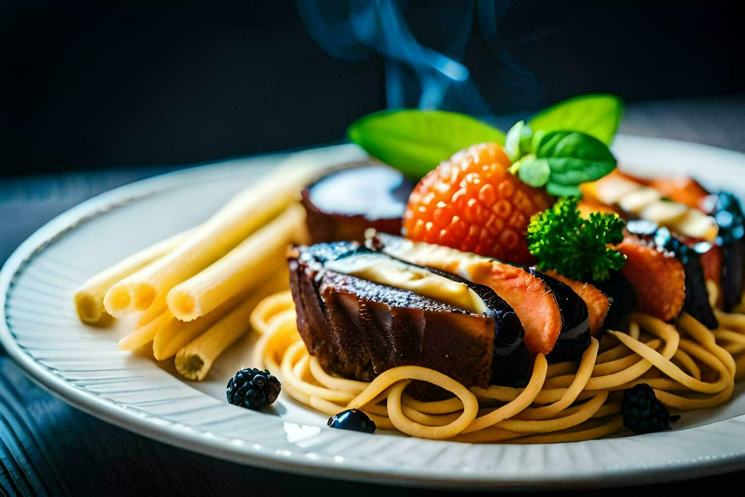 a plate with spaghetti and meat on it. AI-Generated photo
