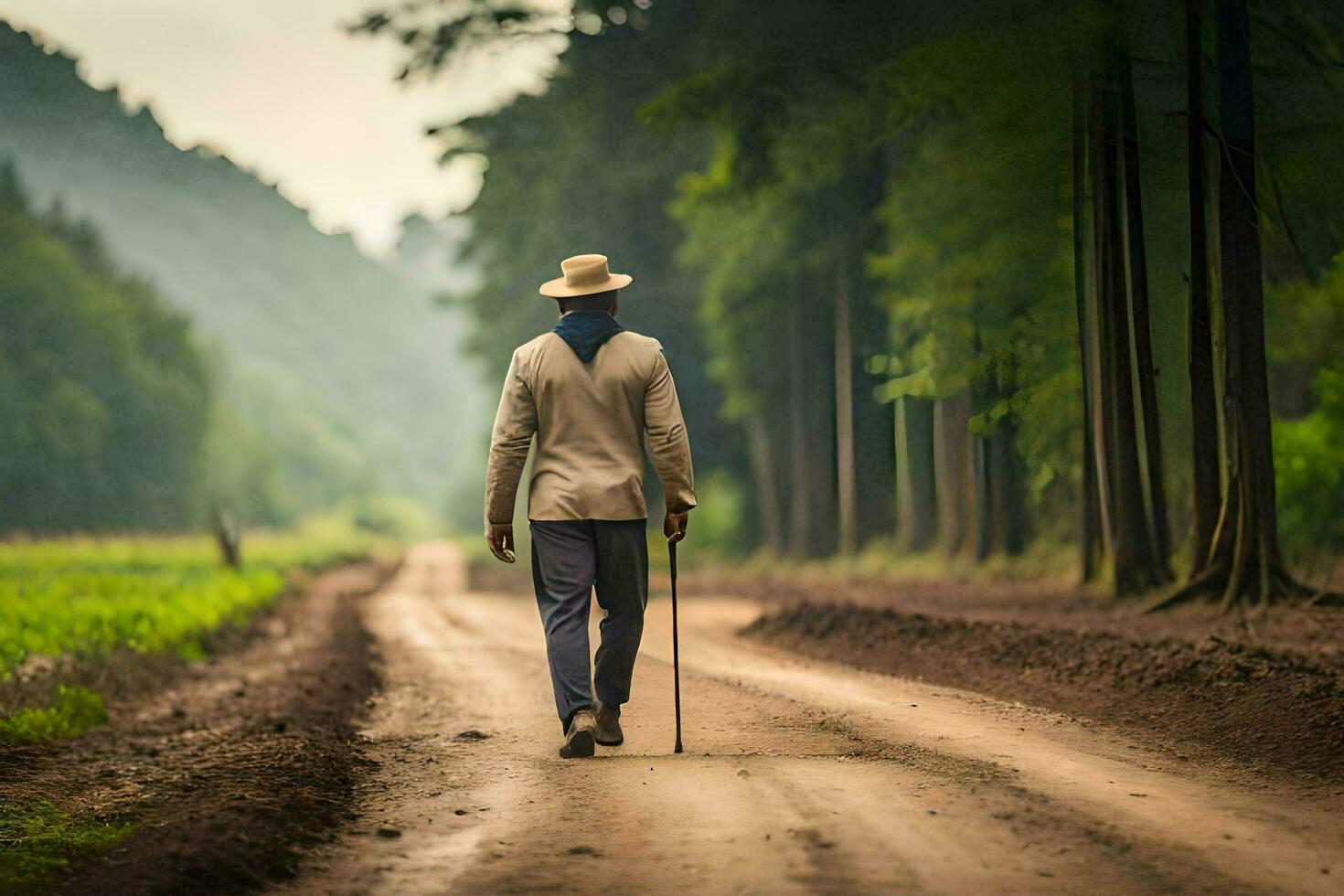 a man walking down a dirt road in the middle of a forest. AI-Generated photo