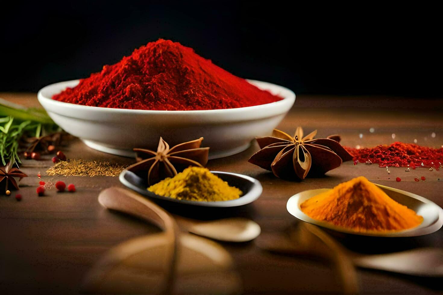 spices and spices on a wooden table. AI-Generated photo