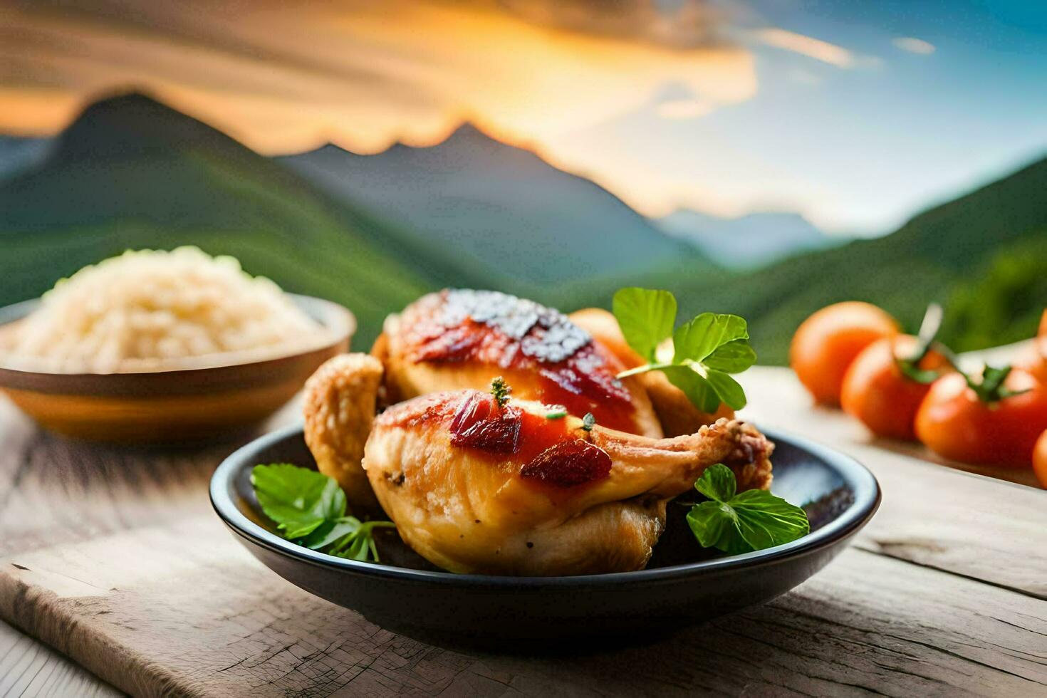 chicken with tomatoes and rice on a wooden table. AI-Generated photo