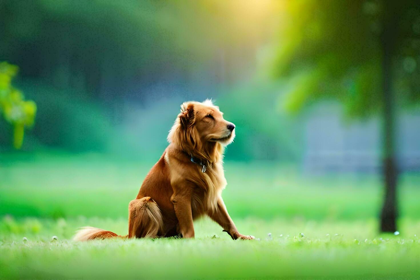 a golden retriever sitting in the grass. AI-Generated photo