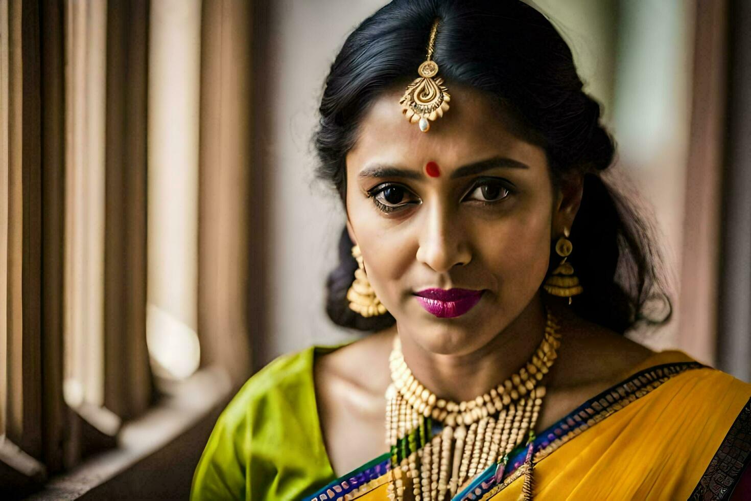 a woman in a sari poses for a portrait. AI-Generated photo