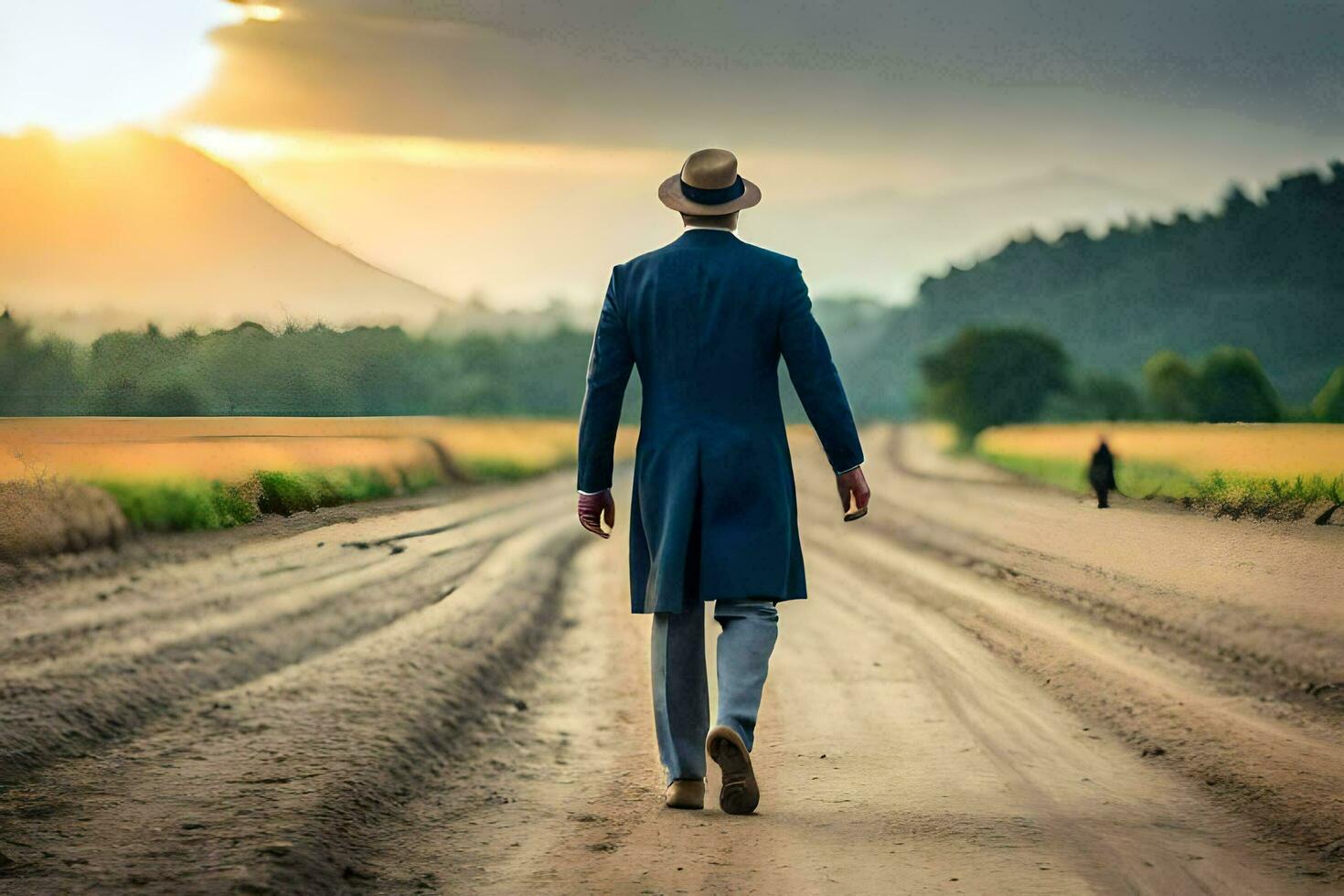 un hombre en un traje y sombrero caminando abajo un suciedad la carretera. generado por ai foto