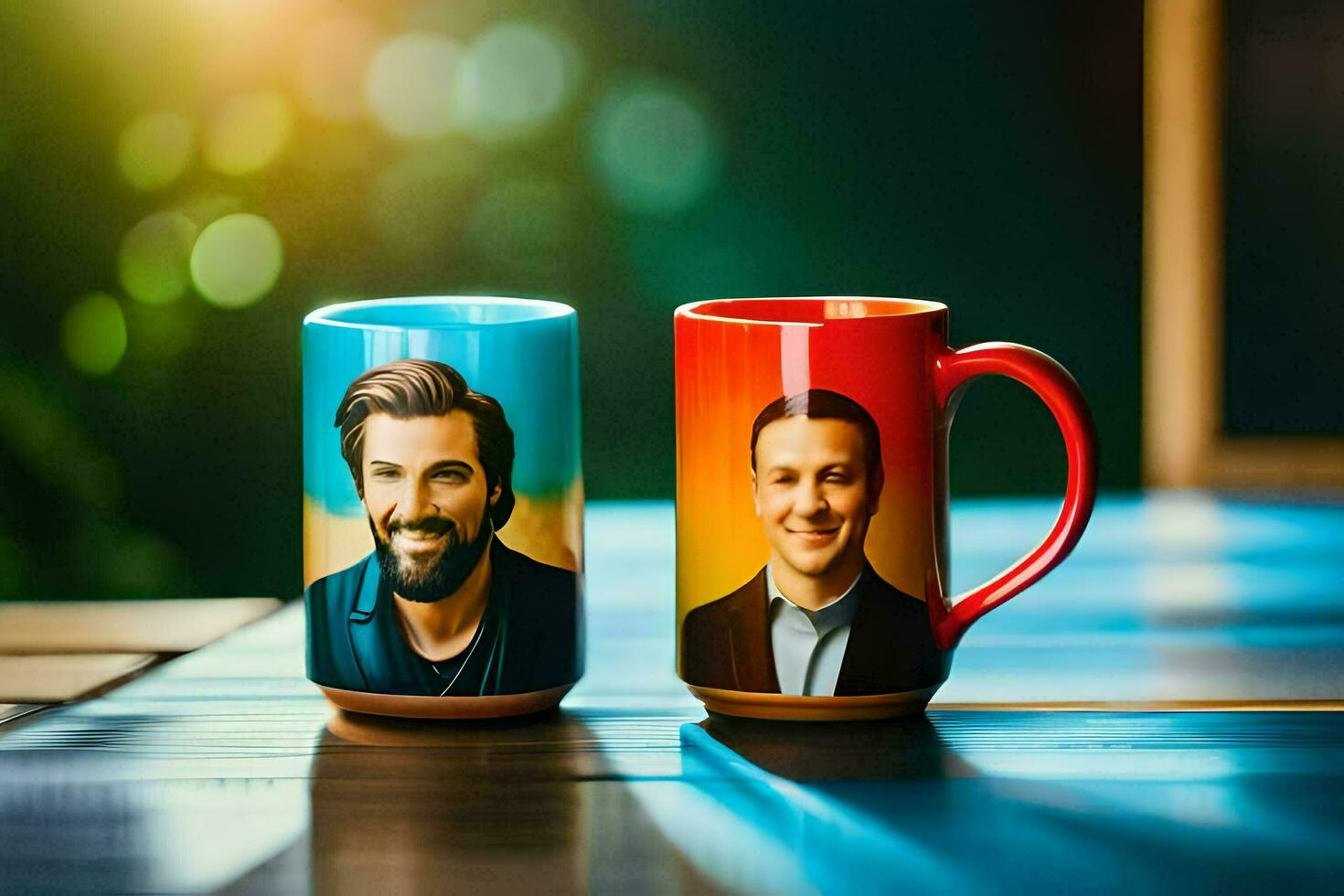 two coffee mugs with the faces of two men. AI-Generated photo