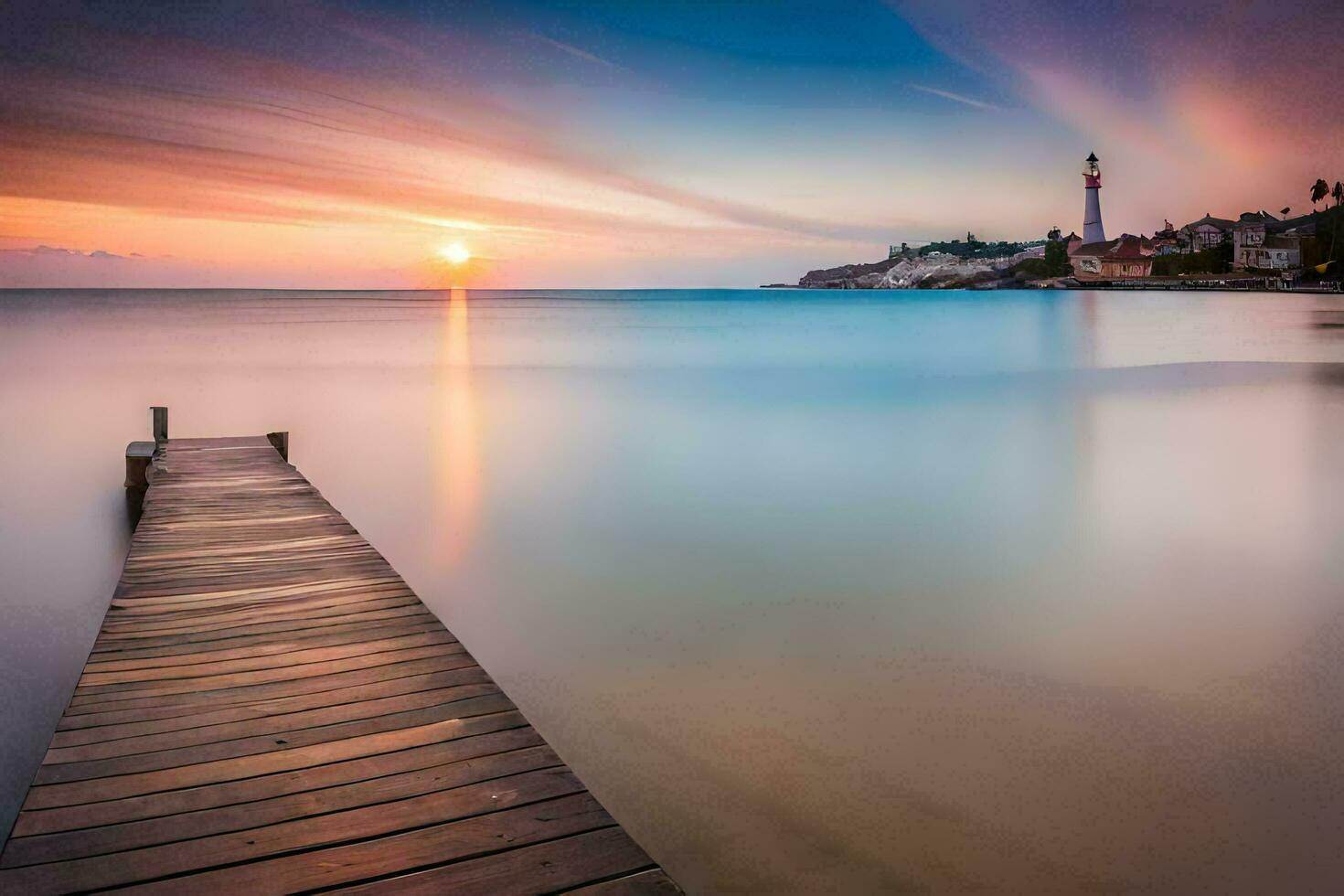 un de madera muelle estiramientos fuera dentro el Oceano a puesta de sol. generado por ai foto