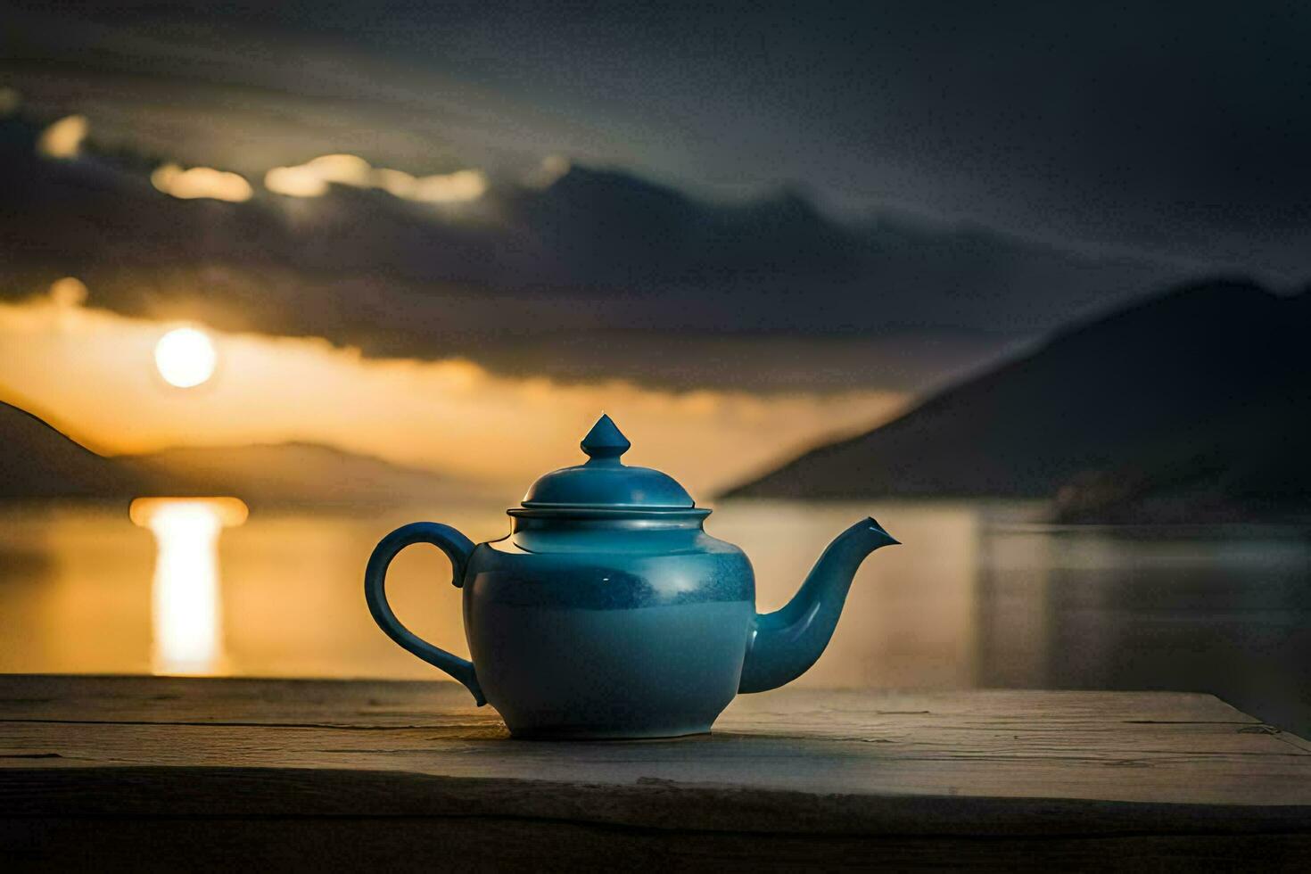 a teapot sits on a wooden table overlooking a lake. AI-Generated photo