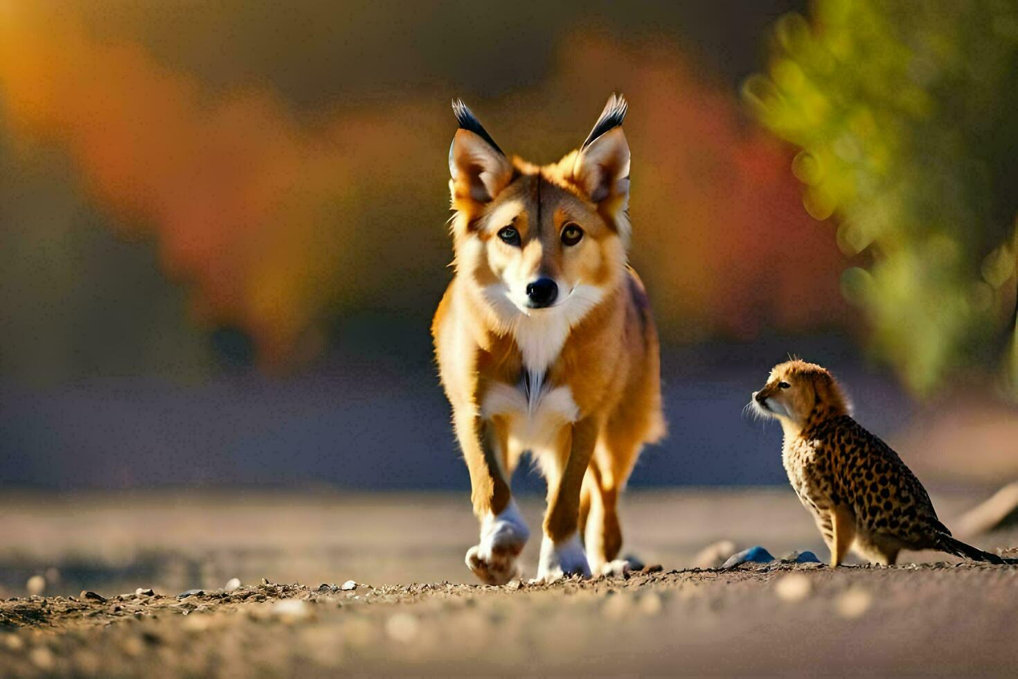 a dog and a bird walking on the road. AI-Generated photo