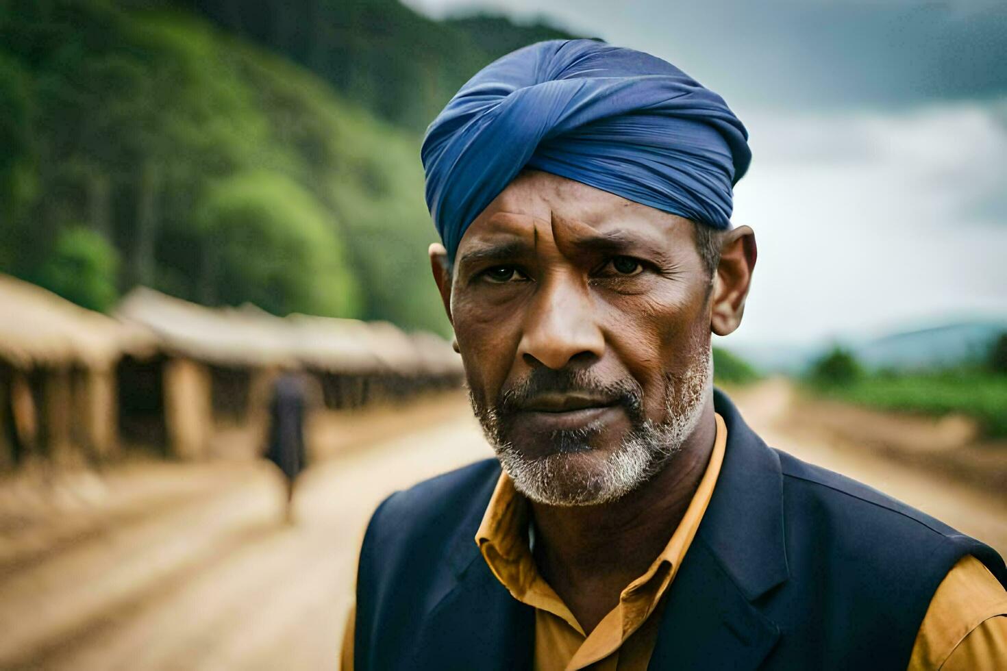 a man in a turban stands in front of a dirt road. AI-Generated photo