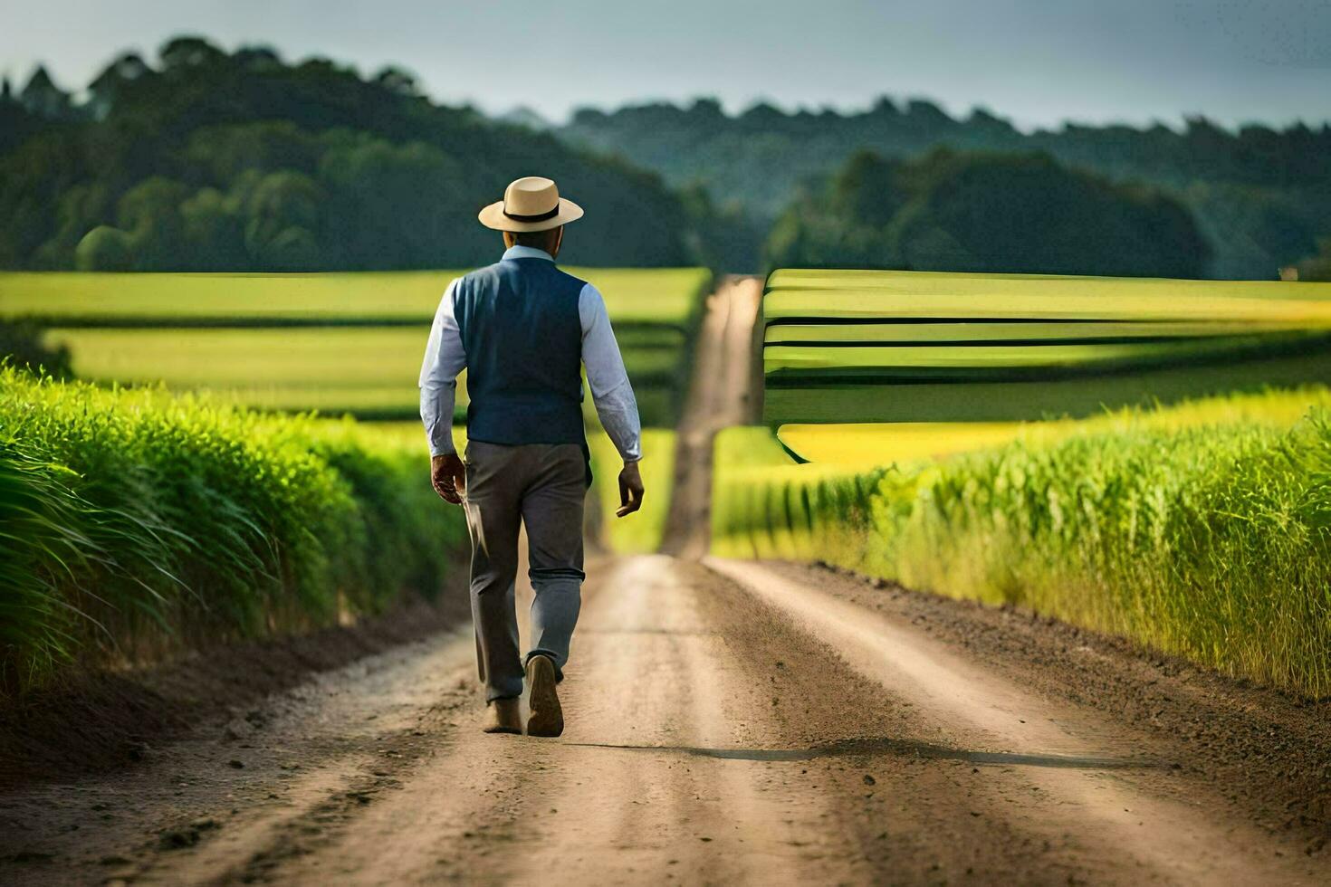 un hombre en un sombrero camina abajo un suciedad la carretera. generado por ai foto