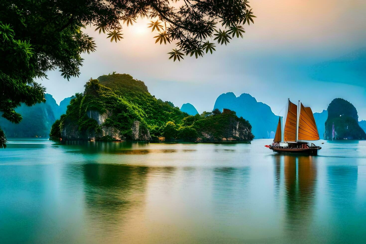 un barco en el agua cerca montañas. generado por ai foto