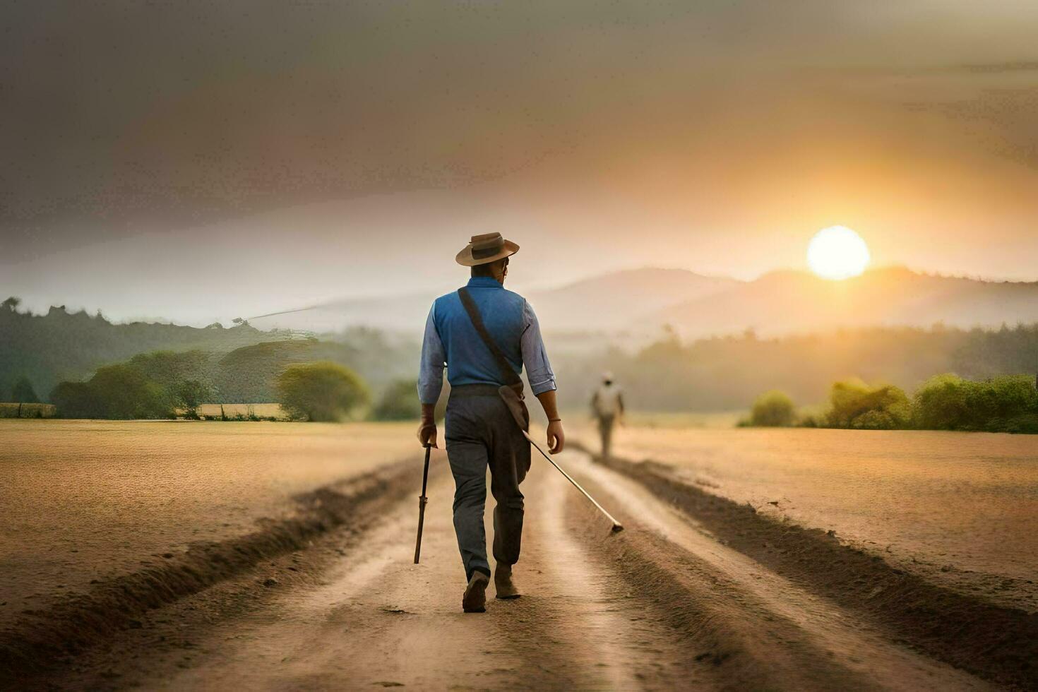 un hombre caminando abajo un suciedad la carretera con un caña. generado por ai foto