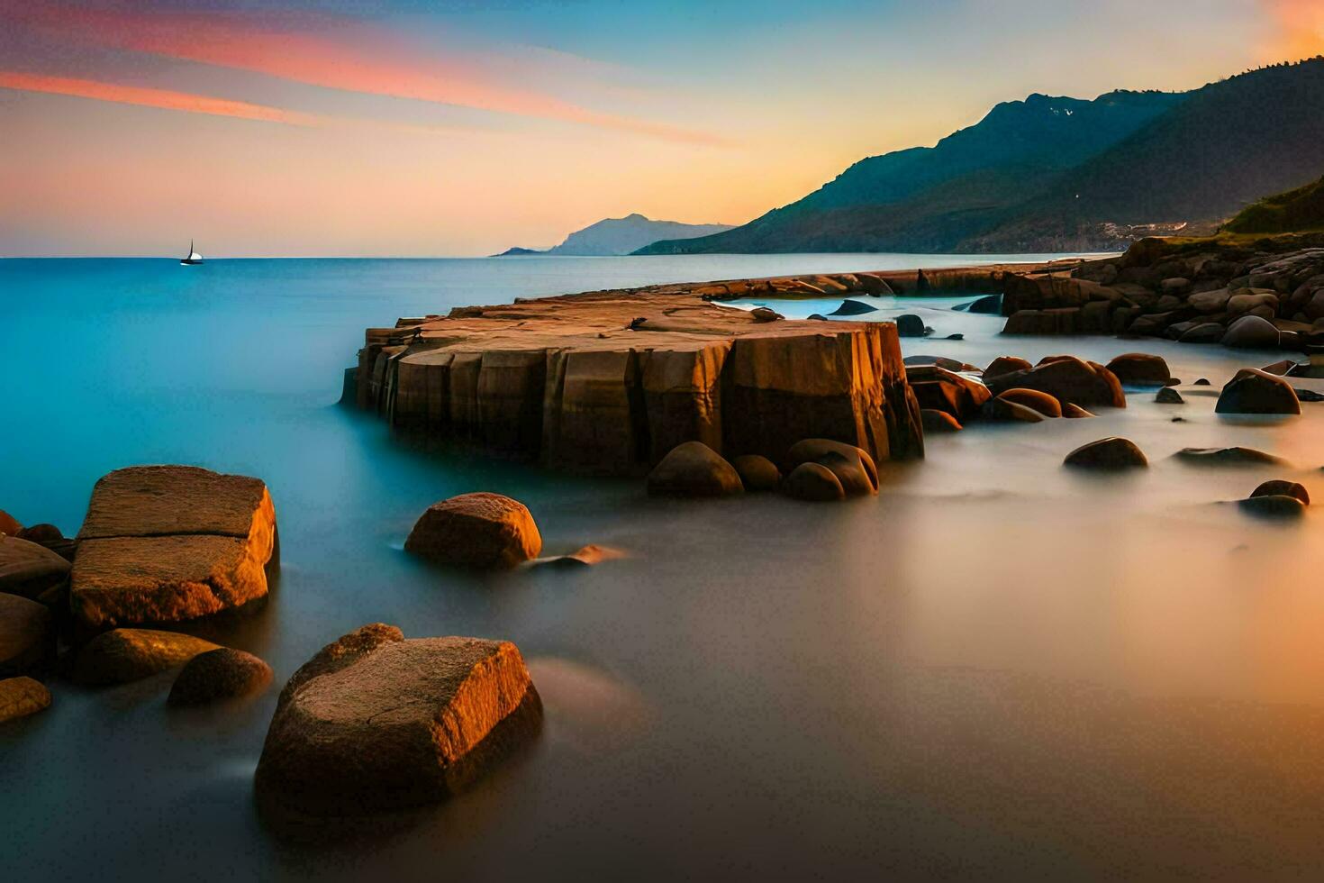 a long exposure photograph of rocks in the ocean. AI-Generated photo