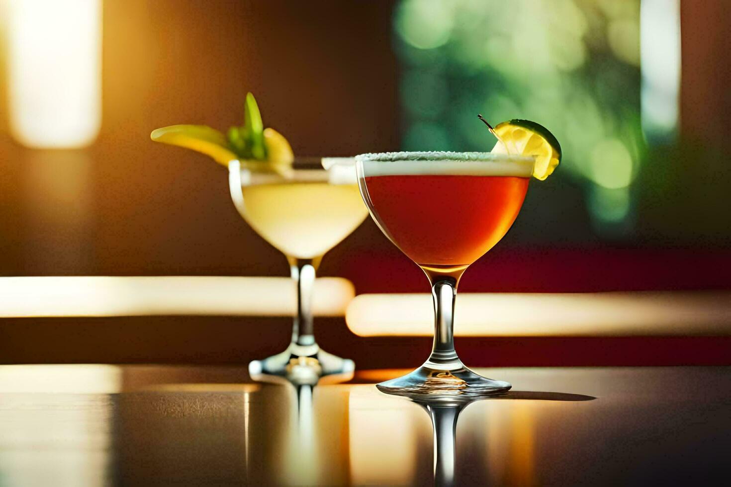 two cocktails sit on a table in front of a window. AI-Generated photo