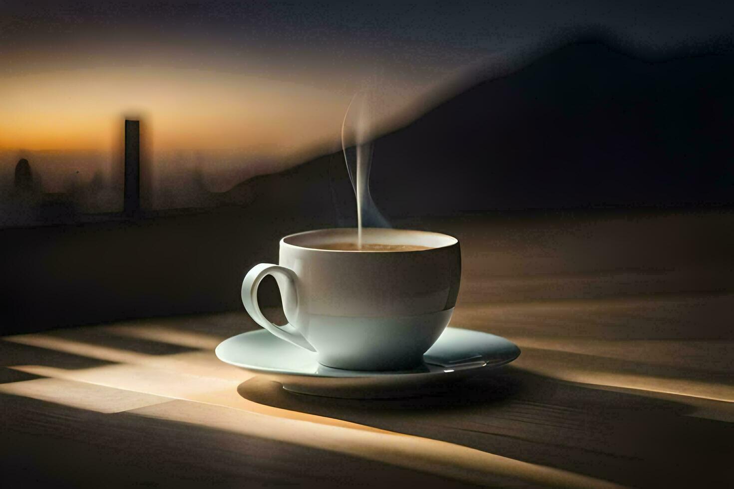 a cup of coffee on a table with a view of the city. AI-Generated photo
