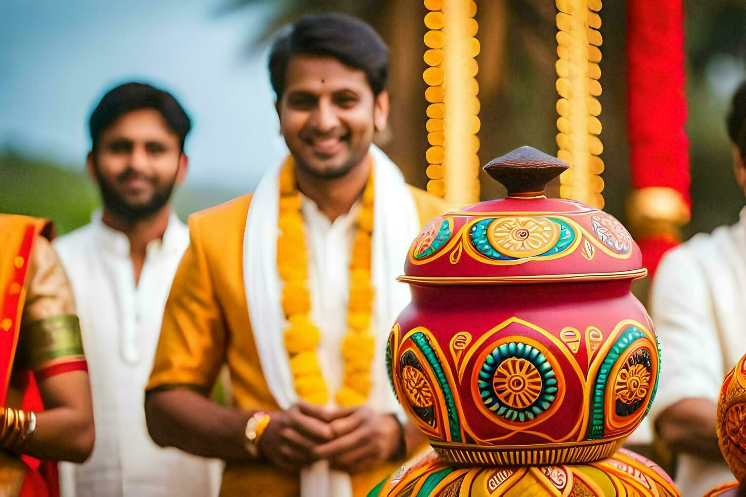 a man and woman in traditional indian attire are smiling. AI-Generated photo