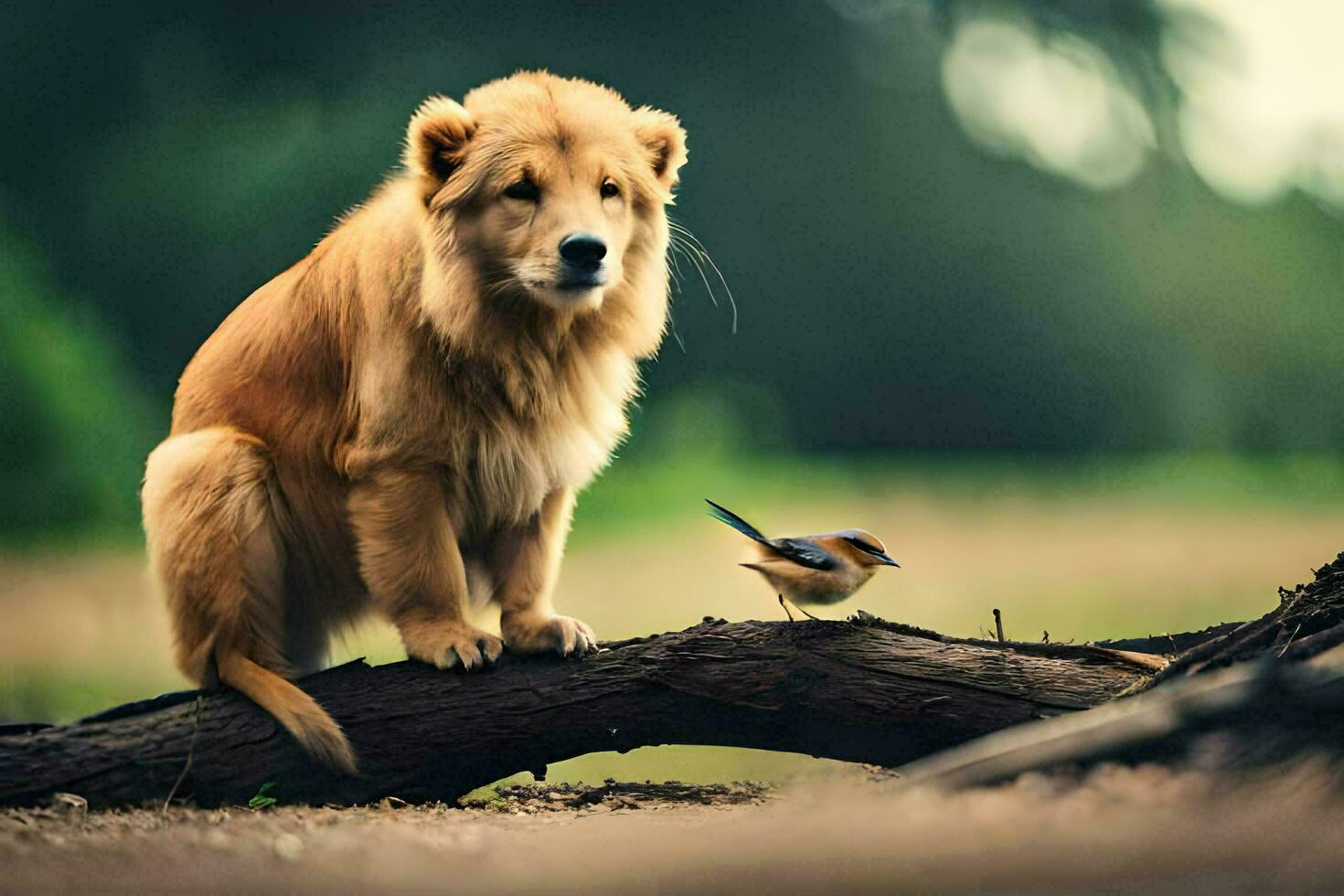 a dog and a bird on a branch. AI-Generated photo