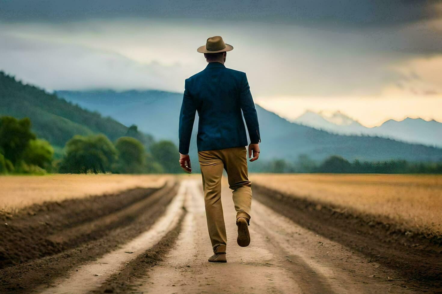 man walking on dirt road in the middle of nowhere. AI-Generated photo