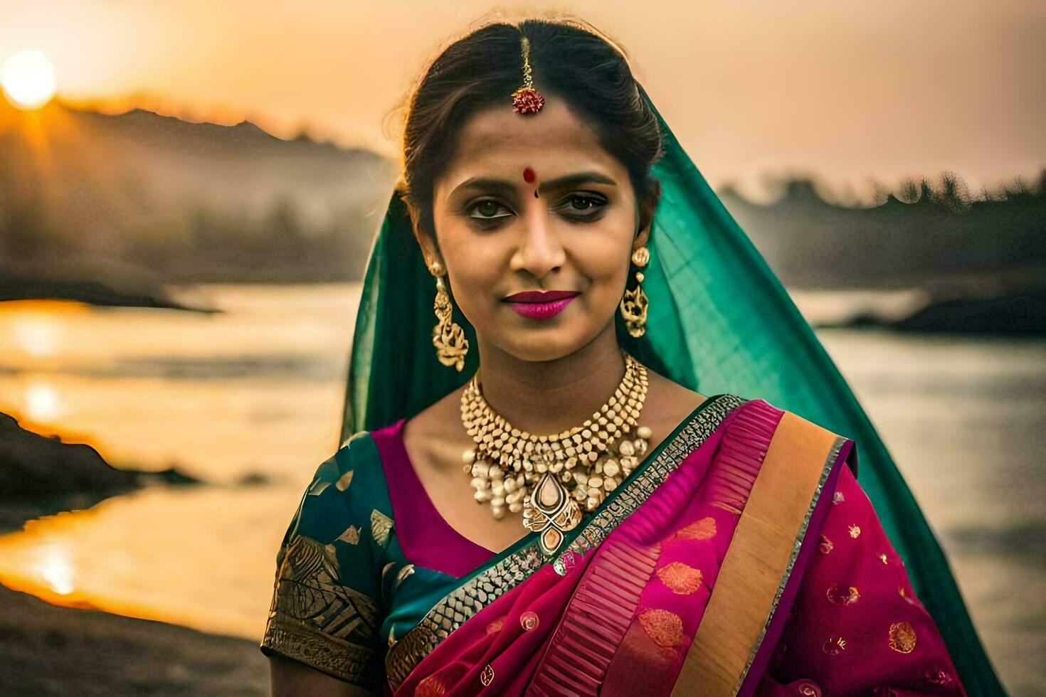 a beautiful indian woman in a colorful sari. AI-Generated photo