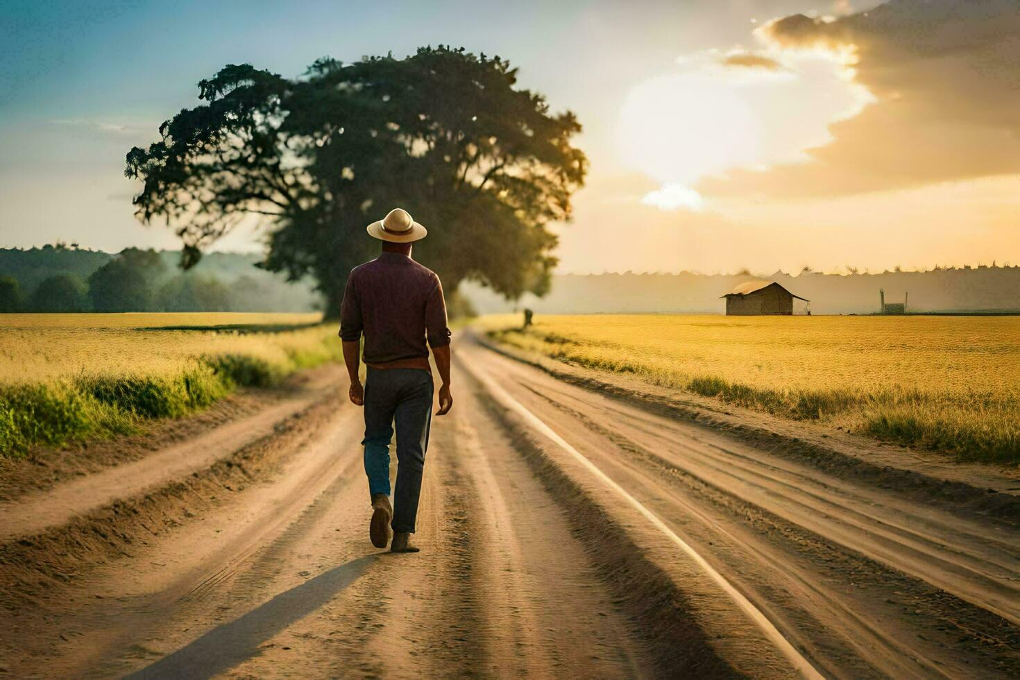 a man in a cowboy hat walks down a dirt road. AI-Generated photo