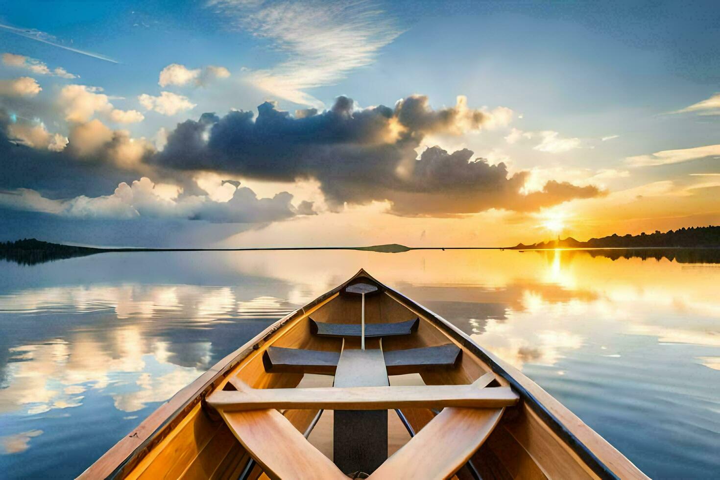 the boat is on the calm water at sunset. AI-Generated photo