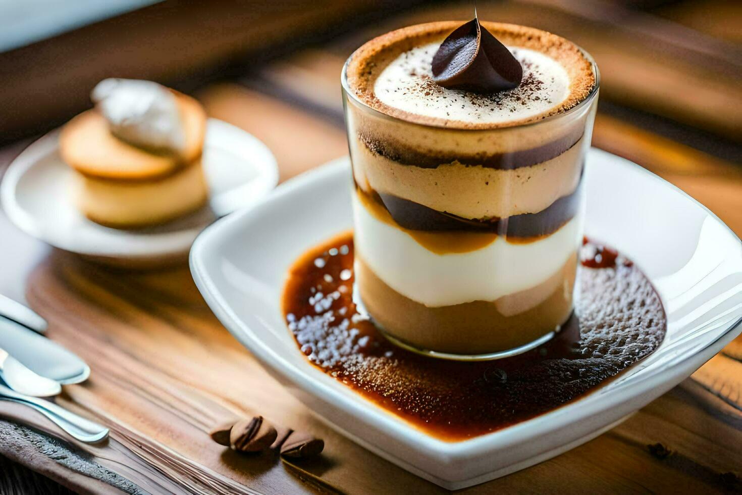 a dessert with chocolate and coffee on top. AI-Generated photo