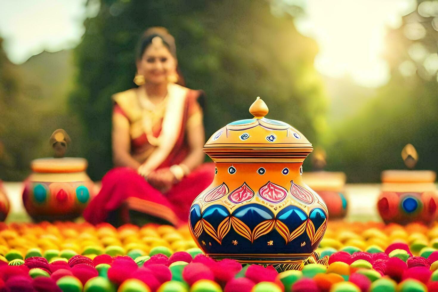 a woman sitting on the ground with colorful pots. AI-Generated photo