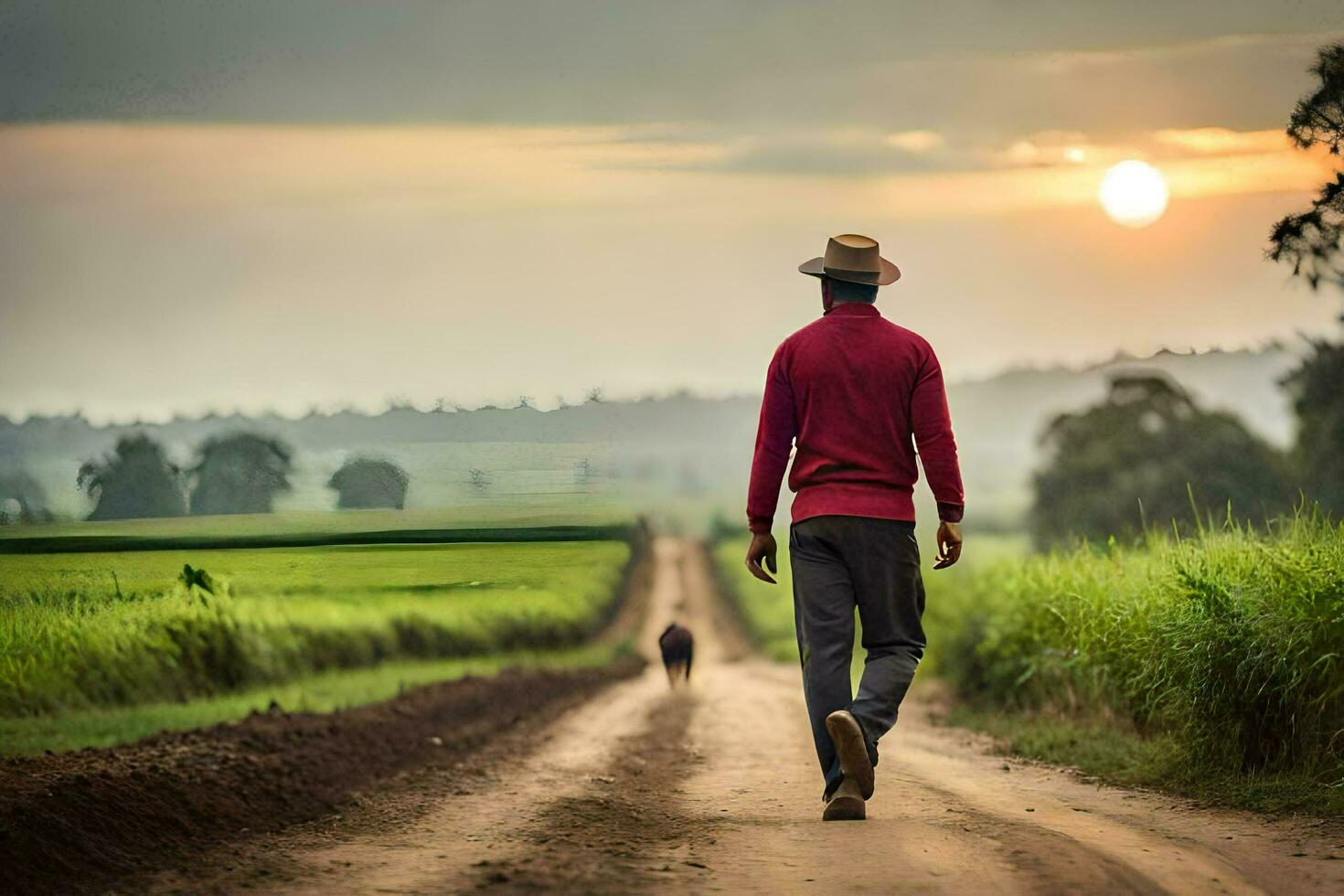 a man walking down a dirt road with a dog. AI-Generated photo