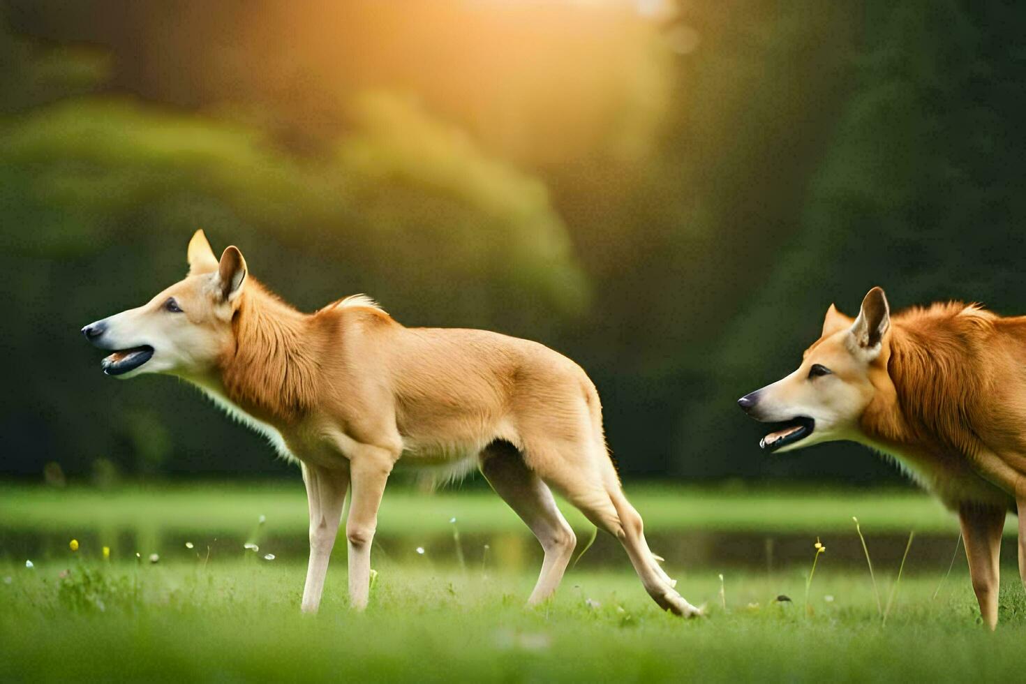 dos perros son en pie en el césped. generado por ai foto