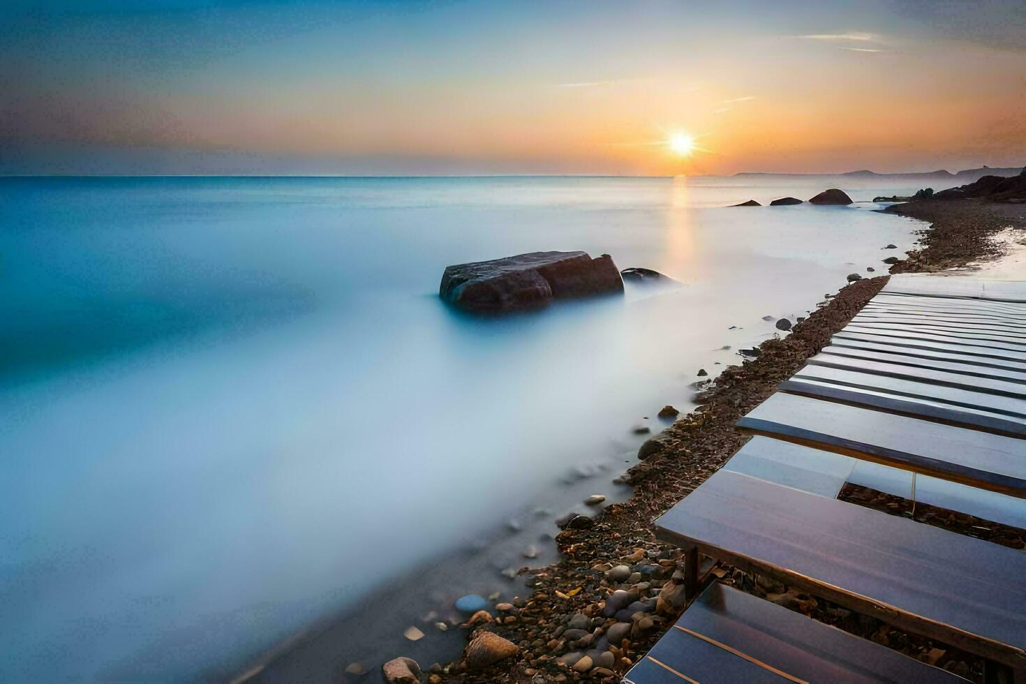 a long exposure photograph of a beach with wooden benches. AI-Generated photo