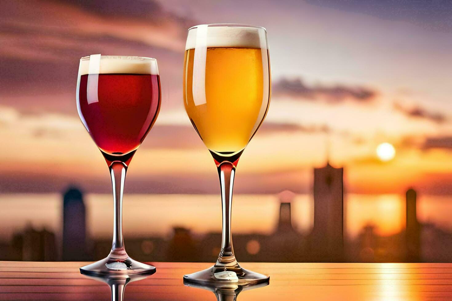 two glasses of beer with sunset in the background. AI-Generated photo