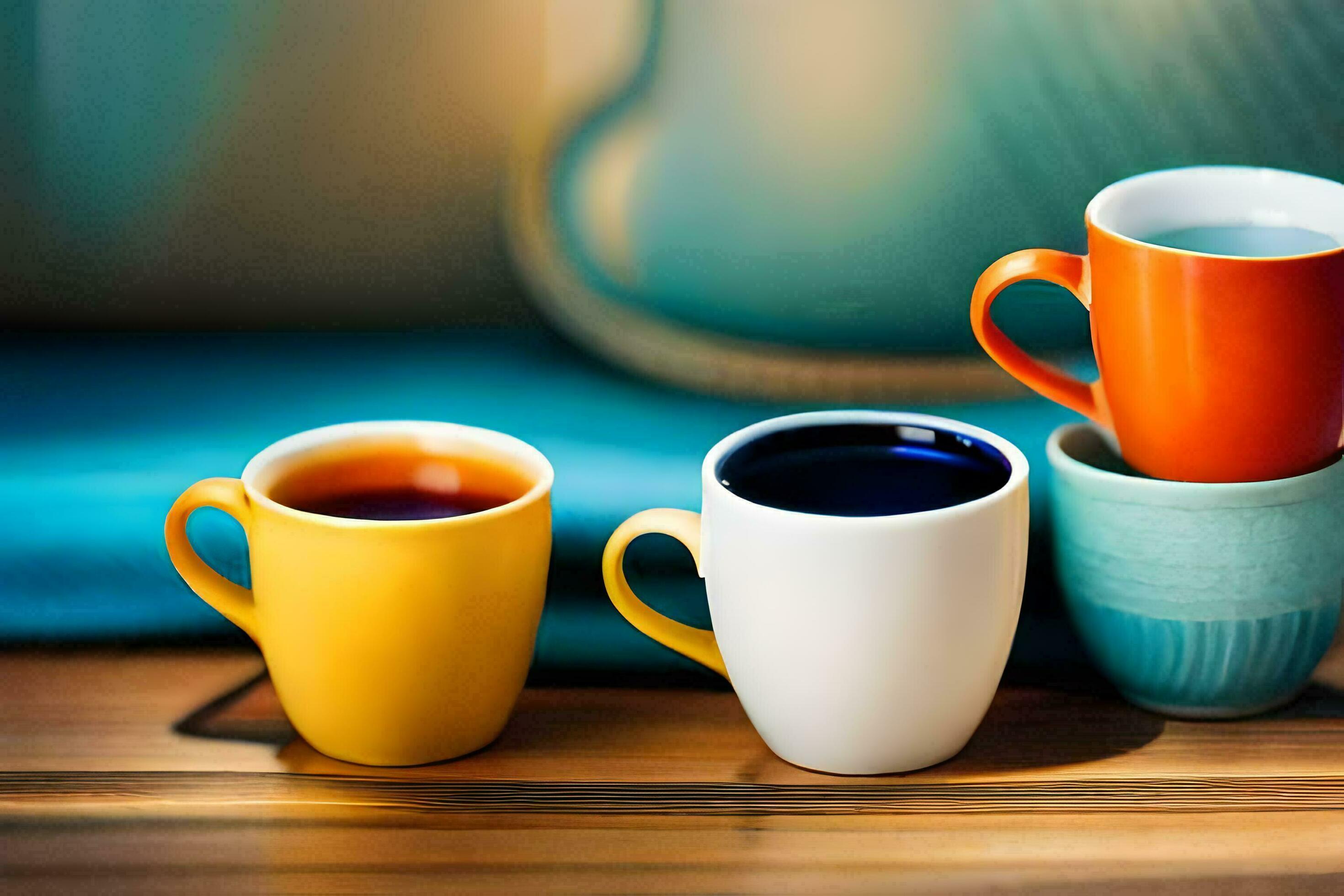 four colorful cups with different colors of coffee. AIGenerated