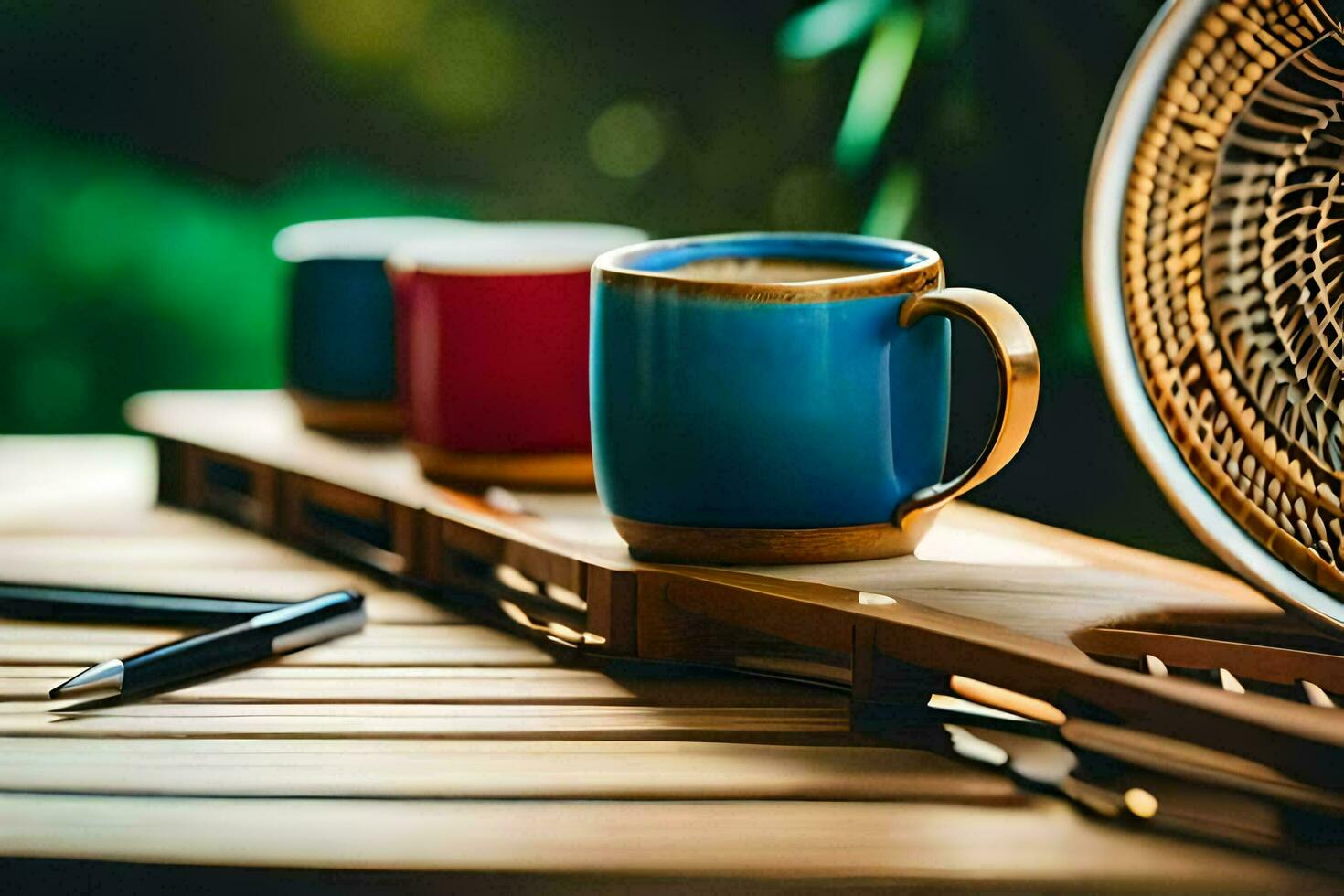 a wooden table with a cup of coffee and pen. AI-Generated photo
