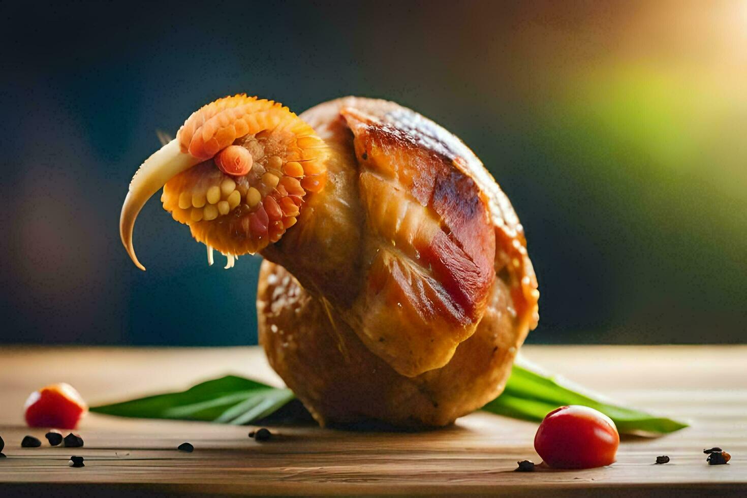 a chicken with a head made of bacon. AI-Generated photo